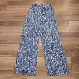 Women's Tyche Blue White Leaf Print Wide Leg Pants S